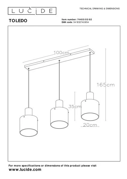 Lucide TOLEDO - Pendelleuchten - Ø 20 cm - 3xE27 - Amber - TECHNISCH